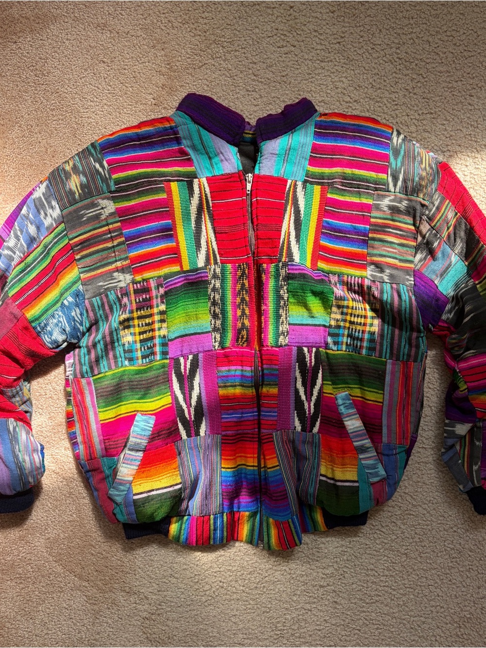 vintage guatemalan tribal woven patchwork bomber jacket rainbow